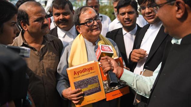 Kishore Kunal, retired IAS officer and writer of ‘Ayodhya Revisited’ speaks to the media during proceedings in the Ramjanmabhumi-Babri Masjid title dispute case, at Supreme Court, in New Delhi. (Sanchit Khanna / HT Photo)