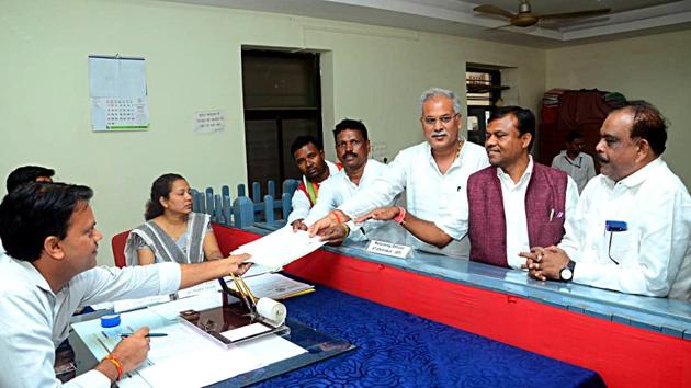 Congress candidate Rajman Benjam files nomination for the bye-election from the Chitrakot Assembly seat as CM Bhupesh Baghel also present, on Monday. (ANI Photo) Congress candidate Rajman Benjam files nomination for the bye-election from the Chitrakot Assembly seat as CM Bhupesh Baghel also present, on Monday. (ANI Photo)