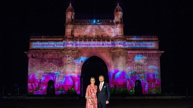 Netherlands King Willem-Alexander and Queen Máxima pose in front of Gateway of India themed on India-Netherlands friendship, in Mumbai, Maharashtra. (PTI)