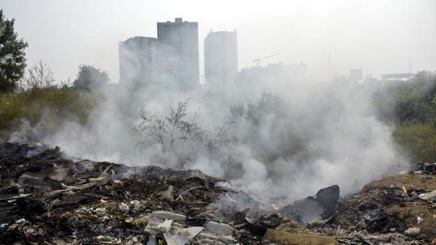Smoke rises from a pile of burning garbage at Raj Nagar Extension in Ghaziabad, Uttar Pradesh. (Sakib Ali / HT Photo)