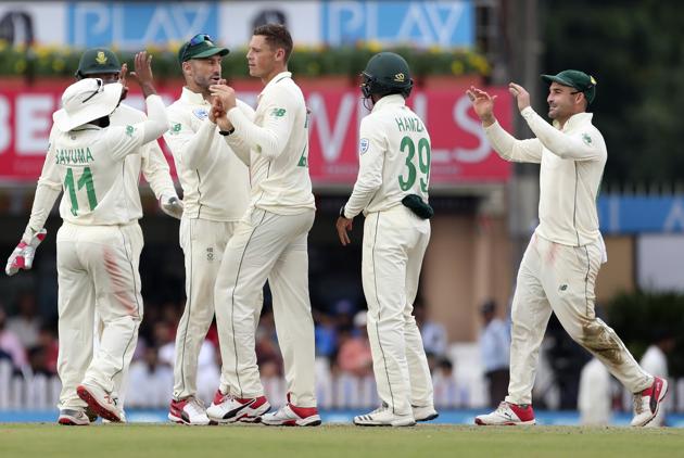 South Africa's George Linde, third right, celebrates with teammates the dismissal of India's Wriddhiman Saha. (AP)