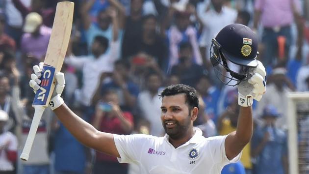 Indian cricketer Rohit Sharma celebrates after scoring a double century on the 2nd day of the 3rd test match against South Africa, at JSCA Stadium, in Ranchi, Jharkhand. (Ashok Bhaumik / PTI)