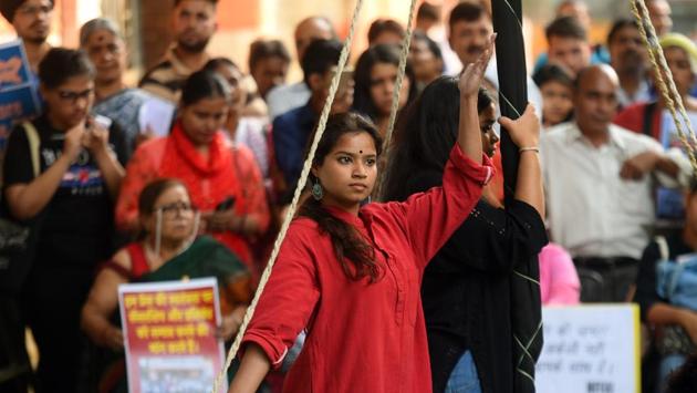Activists, artists, and students during a protest in solidarity with the Kashmiri people and to mark 75 days of restrictions in Jammu and Kashmir, on October 19, at Jantar Mantar in New Delhi. (Amal KS / HT Photo)