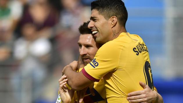 Barcelona's Luis Suarez, celebrates after scoring his side's third goal with Lionel Messi. (AP) Barcelona's Luis Suarez, celebrates after scoring his side's third goal with Lionel Messi. (AP)