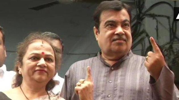Nitin Gadkari and wife Kanchan after casting their vote in Nagpur on Monday. (ANI) Nitin Gadkari and wife Kanchan after casting their vote in Nagpur on Monday. (ANI)
