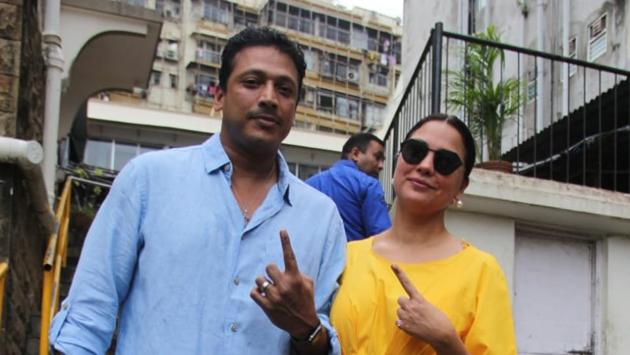 Lara Dutta with Mahesh Bhupathi. The two were among the early voters of the day.