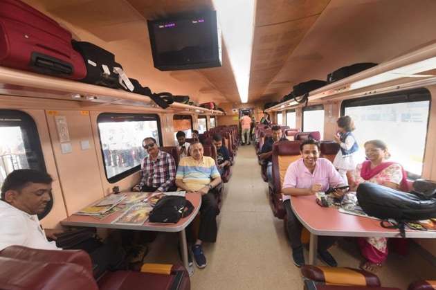 An inside view of a coach of the newly launched Lucknow-Delhi Tejas Express, India’s first ‘private’ train by IRCTC (Indian Railway Catering and Tourism Corporation), at in Lucknow.(PTI Photo)