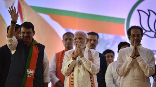 Prime minister Narendra Modi along with Maharashtra CM Devendra Fadnavis and Shiv Sena president Uddhav Thackrey during Maharashtra assembly election rally. (HT photo/Kunal Patil) Prime minister Narendra Modi along with Maharashtra CM Devendra Fadnavis and Shiv Sena president Uddhav Thackrey during Maharashtra assembly election rally. (HT photo/Kunal Patil)