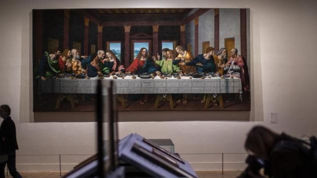 The Last Supper by Leonardo da Vinci displayed at the Louvre museum Sunday, Oct. 20, 2019 in Paris. A unique group of artworks is displayed at the Louvre museum in addition to its collection of paintings and drawings by the Italian master. The exhibition opens to the public on Oct.24. (AP)