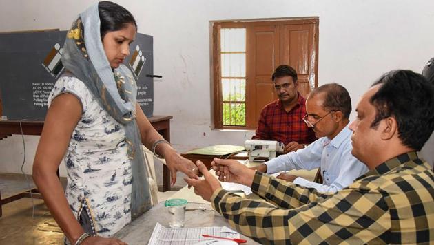 A polling official puts indelible ink on the finger of voter as she arrives to vote for Haryana Assembly elections, at a polling station in Sonipat, Monday, Oct. 21, 2019. (PTI photo) A polling official puts indelible ink on the finger of voter as she arrives to vote for Haryana Assembly elections, at a polling station in Sonipat, Monday, Oct. 21, 2019. (PTI photo)