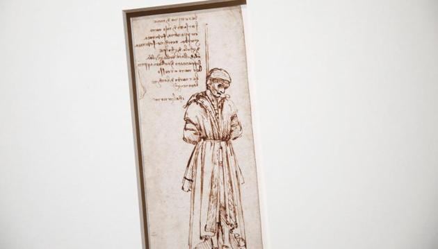"Study of the Hanged Bernardo di Bandino Baroncelli, assassin of Giuliano de Medici", a drawing by Leonardo da Vinci is pictured during a press visit of the "Leonardo da Vinci" exhibition to commemorate the 500-year anniversary of his death at the Louvre Museum in Paris. (REUTERS)