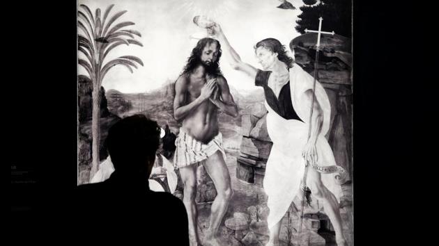 An infrared reflectography of the painting "Baptism of Christ" by Andrea del Verrocchio and Leonardo da Vinci is pictured during a press visit of the "Leonardo da Vinci" exhibition to commemorate the 500-year anniversary of his death at the Louvre Museum. (REUTERS)