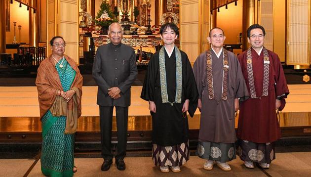 President Ram Nath Kovind and his wife Savita during a visit to the Tsukiji Hongwanji Buddhist Temple in Tokyo, Japan. (PTI Photo) President Ram Nath Kovind and his wife Savita during a visit to the Tsukiji Hongwanji Buddhist Temple in Tokyo, Japan. (PTI Photo)