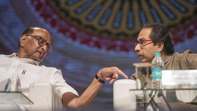 President of NCP Sharad Pawar and Shivsena chief Uddhav Thackeray during celebration of 100 years completed for Saraswat bank at NSCI Dome in Mumbai in September 2018. (Pratik Chorge/HT File photo) President of NCP Sharad Pawar and Shivsena chief Uddhav Thackeray during celebration of 100 years completed for Saraswat bank at NSCI Dome in Mumbai in September 2018. (Pratik Chorge/HT File photo)