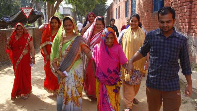 Women arrive to cast their vote during Haryana Assembly elections, at Pinangwan, Punhana constituency, District Mewat, in Gurugram, Haryana on Monday. (Yogendra Kumar/HT PHOTO) Women arrive to cast their vote during Haryana Assembly elections, at Pinangwan, Punhana constituency, District Mewat, in Gurugram, Haryana on Monday. (Yogendra Kumar/HT PHOTO)