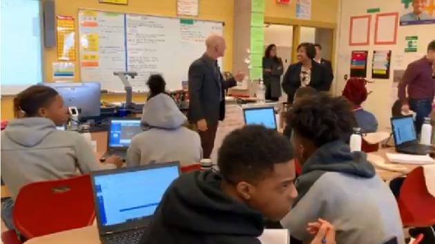 A student was seen asking “Who’s Jeff Bezos?” twice to another student sitting behind him. (Twitter/@CTuckerNews) A student was seen asking “Who’s Jeff Bezos?” twice to another student sitting behind him. (Twitter/@CTuckerNews)