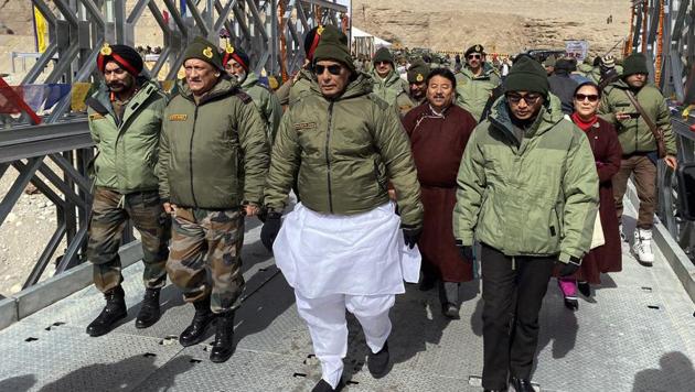 Defence Minister Rajnath Singh during inauguration of newly constructed ‘Colonel Chewang Rinchen Bridge’ at Shyok River in Ladakh on Monday.(ANI photo) Defence Minister Rajnath Singh during inauguration of newly constructed ‘Colonel Chewang Rinchen Bridge’ at Shyok River in Ladakh on Monday.(ANI photo)