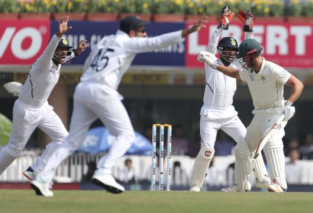 Indian players celebrate the dismissal of South Africa's Theunis de Bruyn. (AP)