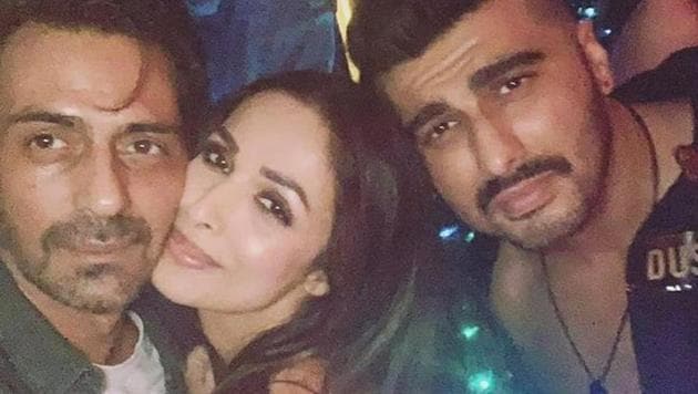 Malaika Arora poses with her boyfriend Arjun Kapoor and Arjun Rampal during her birthday bash.