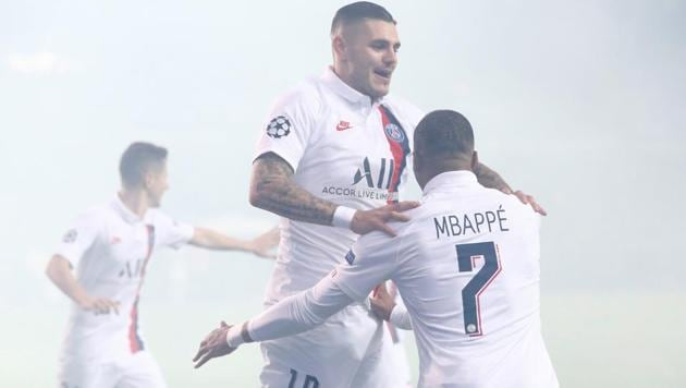 Paris St Germain's Mauro Icardi celebrates scoring their third goal with Kylian Mbappe(REUTERS)