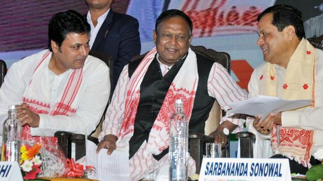 Assam Chief Minister Sarbananda Sonowal along with Bangladesh Commerce Minister Tipu Munshi (C) and Tripura Chief Minister Biplab Kumar Deb (L) at the inaugural day of two days long India Bangladesh Stakeholders' Meet 2019 in Guwahati on Tuesday.(ANI) Assam Chief Minister Sarbananda Sonowal along with Bangladesh Commerce Minister Tipu Munshi (C) and Tripura Chief Minister Biplab Kumar Deb (L) at the inaugural day of two days long India Bangladesh Stakeholders' Meet 2019 in Guwahati on Tuesday.(ANI)