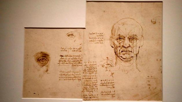 A drawing by Leonardo da Vinci titled “Proportions of the Face and Eye” during the show. The show simply titled “Leonardo da Vinci” groups 162 works of the polymath. The exhibition in the Hall Napoleon features 11 of the fewer than 20 paintings definitively attributed to the Renaissance master, as well as drawings, manuscripts, sculptures and other objets d’art. (Francois Guillot / AFP) A drawing by Leonardo da Vinci titled “Proportions of the Face and Eye” during the show. The show simply titled “Leonardo da Vinci” groups 162 works of the polymath. The exhibition in the Hall Napoleon features 11 of the fewer than 20 paintings definitively attributed to the Renaissance master, as well as drawings, manuscripts, sculptures and other objets d’art. (Francois Guillot / AFP)