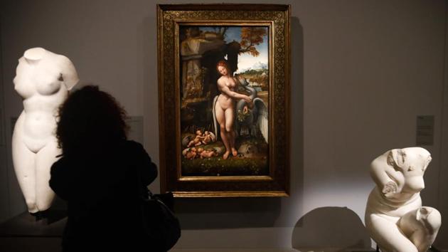 Leonardo’s “Leda and the Swan” during the show. More than 10 years in the making, the project began when Louis Frank, one of the exhibition’s curator, translated a Renaissance-era da Vinci biography to round out existing knowledge about the painter’s life. (Francois Guillot / AFP) Leonardo’s “Leda and the Swan” during the show. More than 10 years in the making, the project began when Louis Frank, one of the exhibition’s curator, translated a Renaissance-era da Vinci biography to round out existing knowledge about the painter’s life. (Francois Guillot / AFP)
