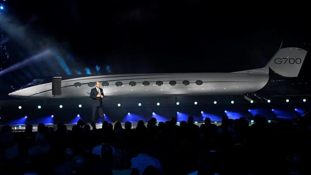 Gulfstream Aerospace Corp. President Mark Burns speaks during the unveiling of the company's new G700 business jet during a news conference at the National Business Aviation Association (NBAA) exhibition in Las Vegas, Nevada, U.S. October 21, 2019.(REUTERS)