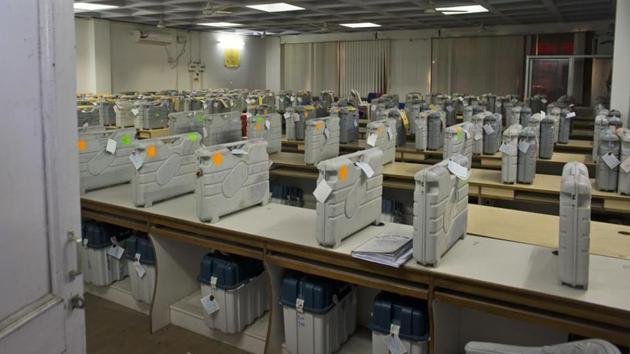 Cases containing electronic voting machines sit in a strong room before the beginning of vote counting.(AP Photo)