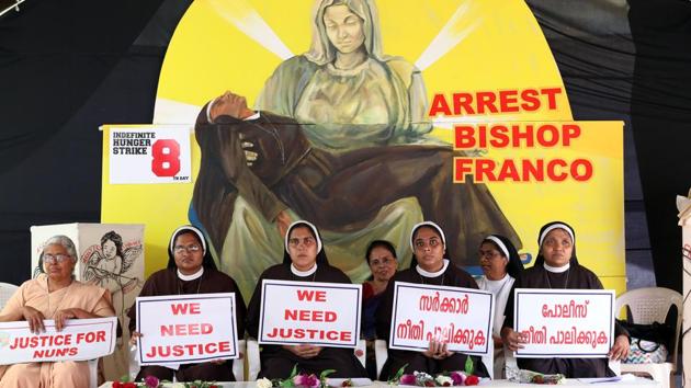 File photo of nuns holding placards during a protest demanding justice for the nun who has accused Bishop Franco Mulakkal of sexual assault.(HT File)