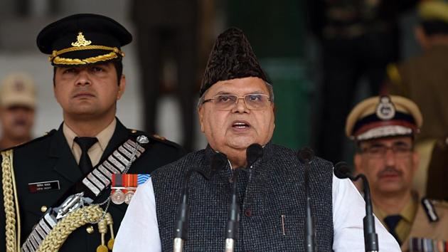 J&K Governor Satya Pal Malik delivers speech during a ceremony to mark the Police Commemoration Day at the Police Training Centre in Srinagar on Monday.(ANI Photo)