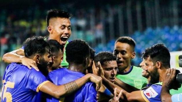 Players of Mumbai City FC celebrate after a goal.(Mumbai City FC/ Twitter)