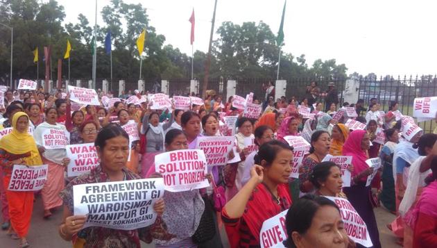 Women vendors of Imphal’s iconic Ima Keithels (Mothers’ markets) taking out a rally in the Manipuri capital on Thursday demanding safeguards for the state’s territorial integrity. (Sourced Photo) Women vendors of Imphal’s iconic Ima Keithels (Mothers’ markets) taking out a rally in the Manipuri capital on Thursday demanding safeguards for the state’s territorial integrity. (Sourced Photo)