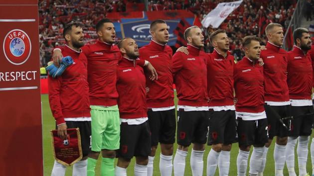 File image of Referees and Albania's soccer team stand during Albania's national anthem(AP)