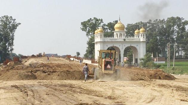 A view of the construction work of Kartarpur Corridor at Dera Baba Nanak district Gurdaspur.(HT Photo)