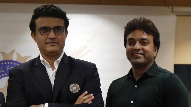 Newly-elected President of the Board of Control for Cricket in India (BCCI) Sourav Ganguly and Treasurer Arun Dhumal stand for a photograph.(AP)