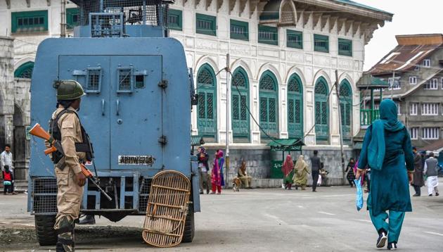 A security personnel stands guard during restriction in Srinagar on October 18, 2019. (PTI file photo) A security personnel stands guard during restriction in Srinagar on October 18, 2019. (PTI file photo)