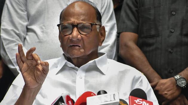 NCP president Sharad Pawar addresses the media at his residence, in Mumbai, Thursday, Oct. 24, 2019.(PTI) NCP president Sharad Pawar addresses the media at his residence, in Mumbai, Thursday, Oct. 24, 2019.(PTI)