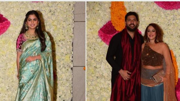 Isha Ambani and Yuvraj Singh with Hazel Keech at the Ambani Diwali party.