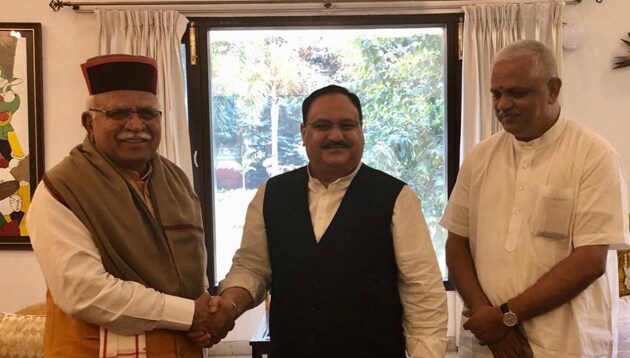 Haryana chief minister ML Khattar meets Bharatiya Janata Party Working President JP Nadda in Delhi.(ANI/ Twitter)