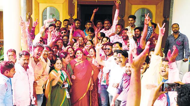 Sunetra (centre), Ajit Pawar’s wife, celebrating with party workers after the state assembly results were announced on Thursday. (HT PHOTO) Sunetra (centre), Ajit Pawar’s wife, celebrating with party workers after the state assembly results were announced on Thursday. (HT PHOTO)