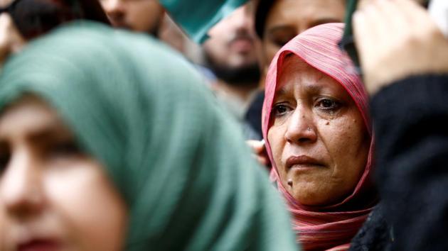 A woman reacts during a protest against the scrapping of the special constitutional status in Kashmir by the Indian government, outside the Indian High Commission in London, Britain.(File photo: Reuters)