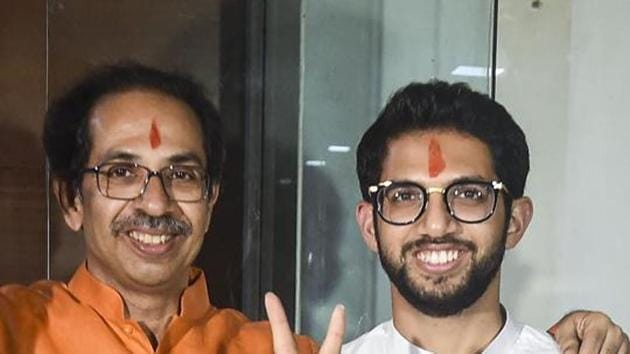 Shiv Sena leader Aditya Thackeray with his father Uddhav Thackery after winning the assembly elections at Sena Bhavan in Mumbai (PTI Photo) Shiv Sena leader Aditya Thackeray with his father Uddhav Thackery after winning the assembly elections at Sena Bhavan in Mumbai (PTI Photo)