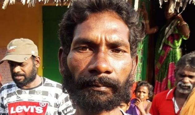 Andaman man Amrit Kujur and his friend had started from the Andaman Islands to sell provisions and potable water to other ships in the Andaman sea. Caught in two storms, Kujur lost his friend and was washed ashore 28 days later on Friday at a village in Odisha.(HT photo)