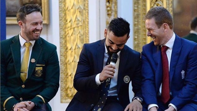 Virat Kohli with AB de Villiers and Eoin Morgan.(Instagram/Virat Kohli)