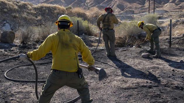 An engine crew looks for any remaining hot spots from the Tick Fire, Thursday, Oct. 25, 2019, in Santa Clarita, Calif. An estimated 50,000 people were under evacuation orders in the Santa Clarita area north of Los Angeles as hot, dry Santa Ana winds howling at up to 50 mph (80 kph) drove the flames into neighbourhoods.(AP Photo) An engine crew looks for any remaining hot spots from the Tick Fire, Thursday, Oct. 25, 2019, in Santa Clarita, Calif. An estimated 50,000 people were under evacuation orders in the Santa Clarita area north of Los Angeles as hot, dry Santa Ana winds howling at up to 50 mph (80 kph) drove the flames into neighbourhoods.(AP Photo)