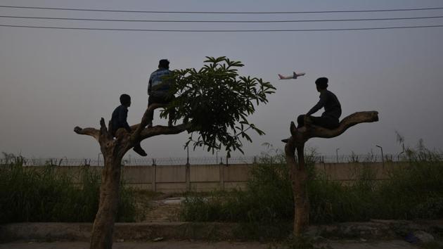 Boys climb trees to watch the take off of an airplane along a highway, outside Indira Gandhi International Airport, in New Delhi. (Biplov Bhuyan / HT Photo) Boys climb trees to watch the take off of an airplane along a highway, outside Indira Gandhi International Airport, in New Delhi. (Biplov Bhuyan / HT Photo)