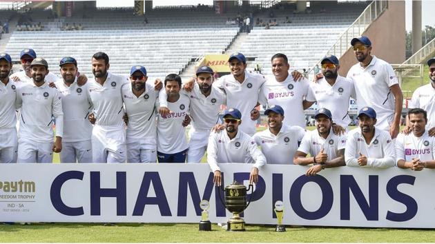 Indian captain Virat Kohli and team players pose with the trophy after winning the bilateral test series 3 - 0. at JSCA Stadium, in Ranchi, Jharkhand. (Ashok Bhaumik / PTI) Indian captain Virat Kohli and team players pose with the trophy after winning the bilateral test series 3 - 0. at JSCA Stadium, in Ranchi, Jharkhand. (Ashok Bhaumik / PTI)