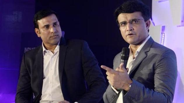 V.V.S Laxman along with Sourav Ganguly during the discussion.(LightRocket via Getty Images)