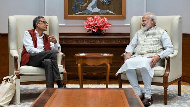 Prime Minister Narendra Modi and Nobel laureate Abhijit Banerjee, who won the Nobel Prize for Economics this year, during a meeting at the PM’s residence, in New Delhi. (PTI) Prime Minister Narendra Modi and Nobel laureate Abhijit Banerjee, who won the Nobel Prize for Economics this year, during a meeting at the PM’s residence, in New Delhi. (PTI)